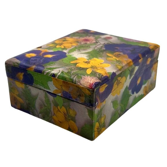 Handcrafted Floral Cardboard Box Trinkets Keepsakes Jewelry Attached Lid - Picture 4 of 8